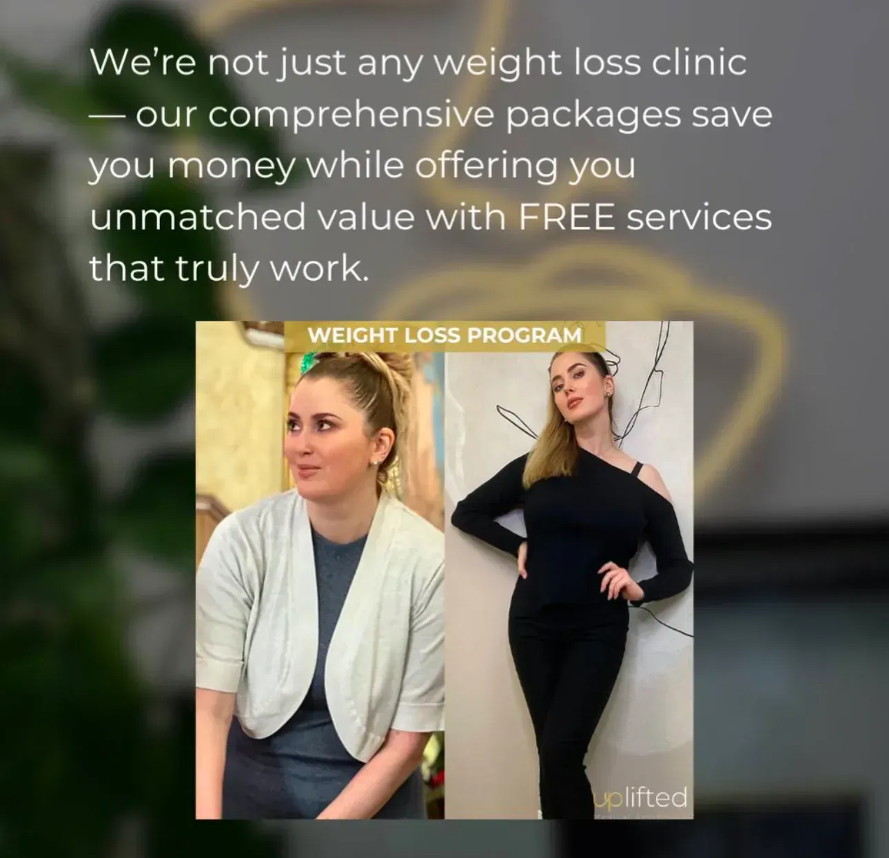 Weight loss clinic advertisement featuring a woman before and after weight loss.
