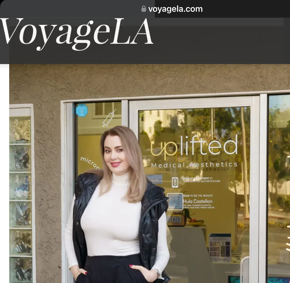 Hula Castellon, FNP, MSN, and owner of Uplifted Aesthetics posing for Voyage LA magazine.