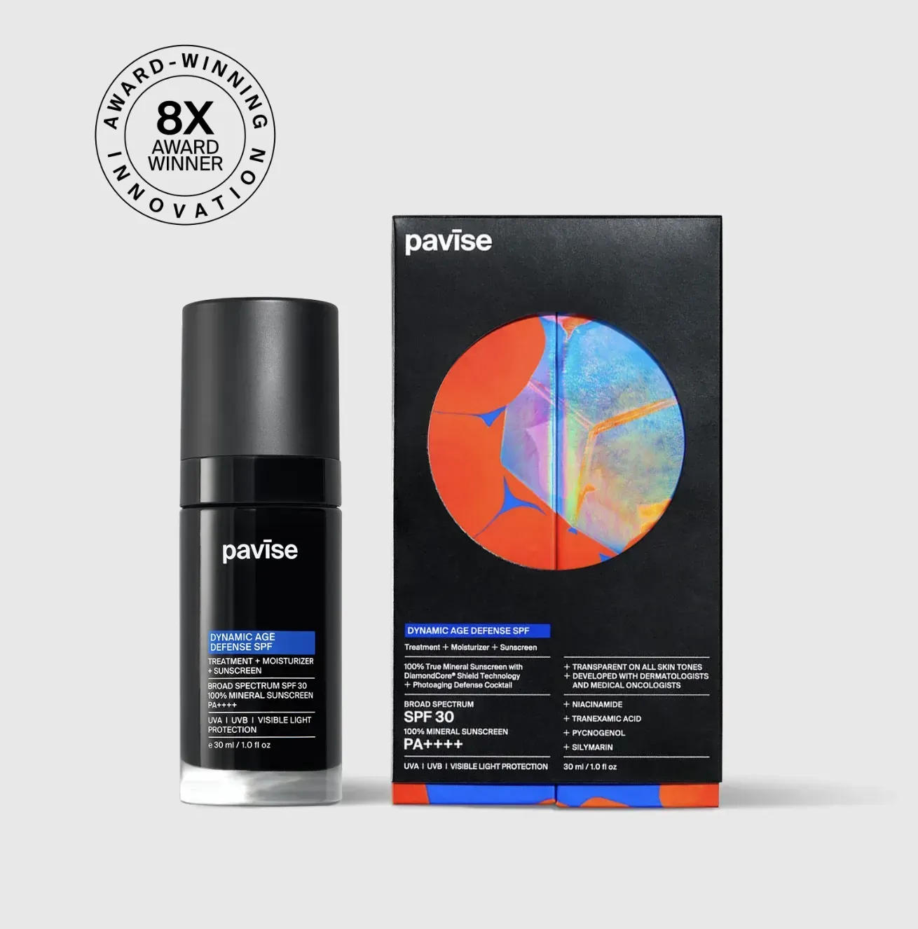 Black Pavise skincare bottle and box with colorful abstract design, award logo.