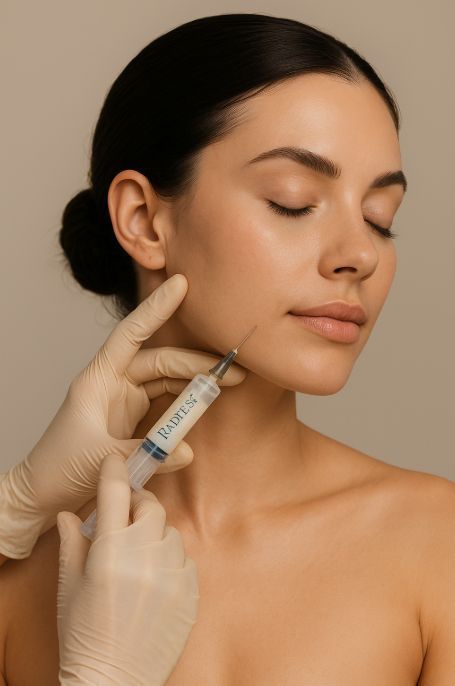 A woman receives a facial injection, performed by gloved hands, in a well-lit setting.