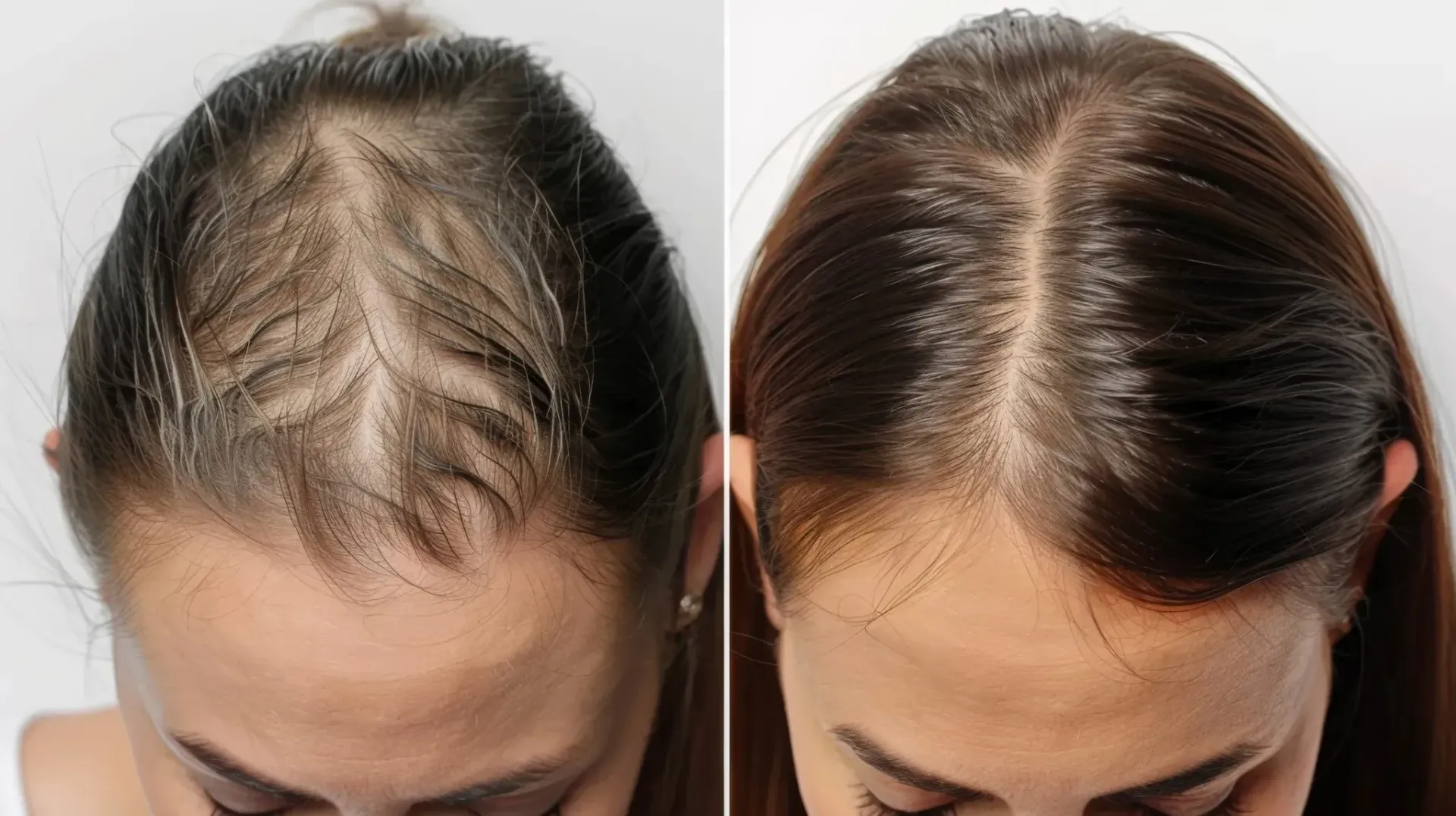 Two images showing thinning hair before (left) and after treatment, with fuller hair (right).