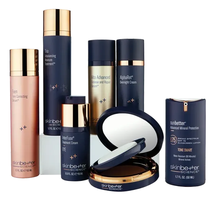 Skinbetter Science  products in navy and rose-gold bottles. A compact and makeup applicator are also shown.