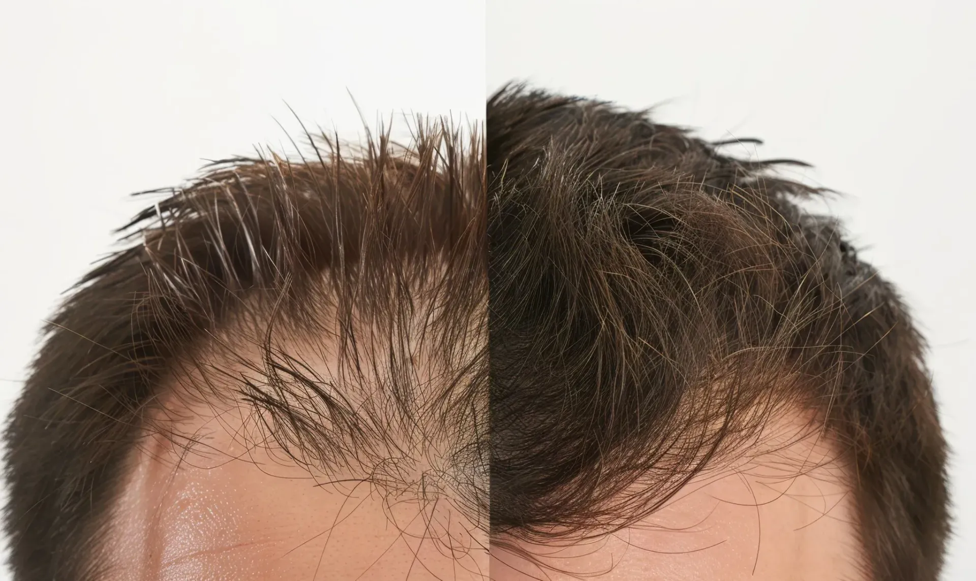 Hair loss comparison: left side shows thinning hairline; right side shows fuller hair.