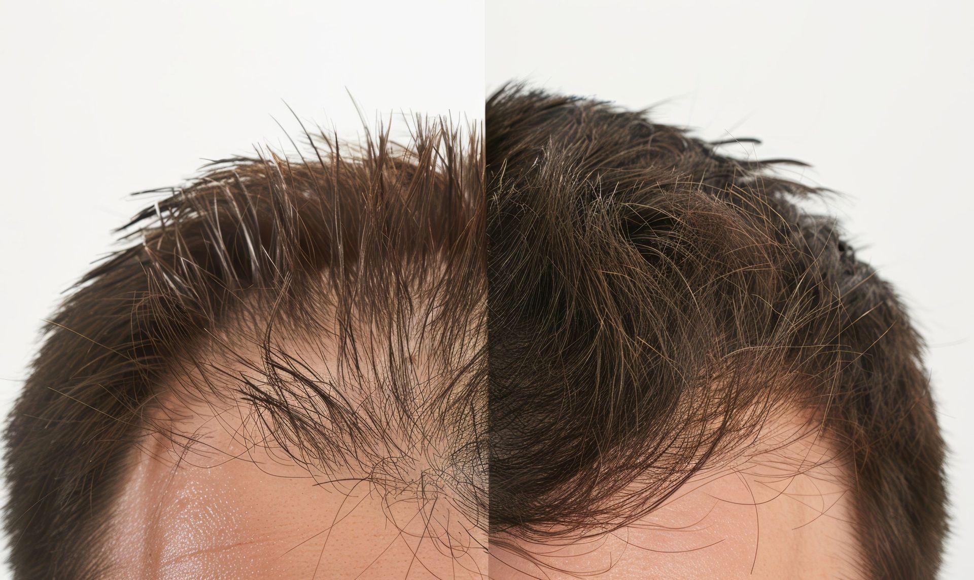 Comparison of thinning hair (left) versus fuller hair (right) on a forehead.