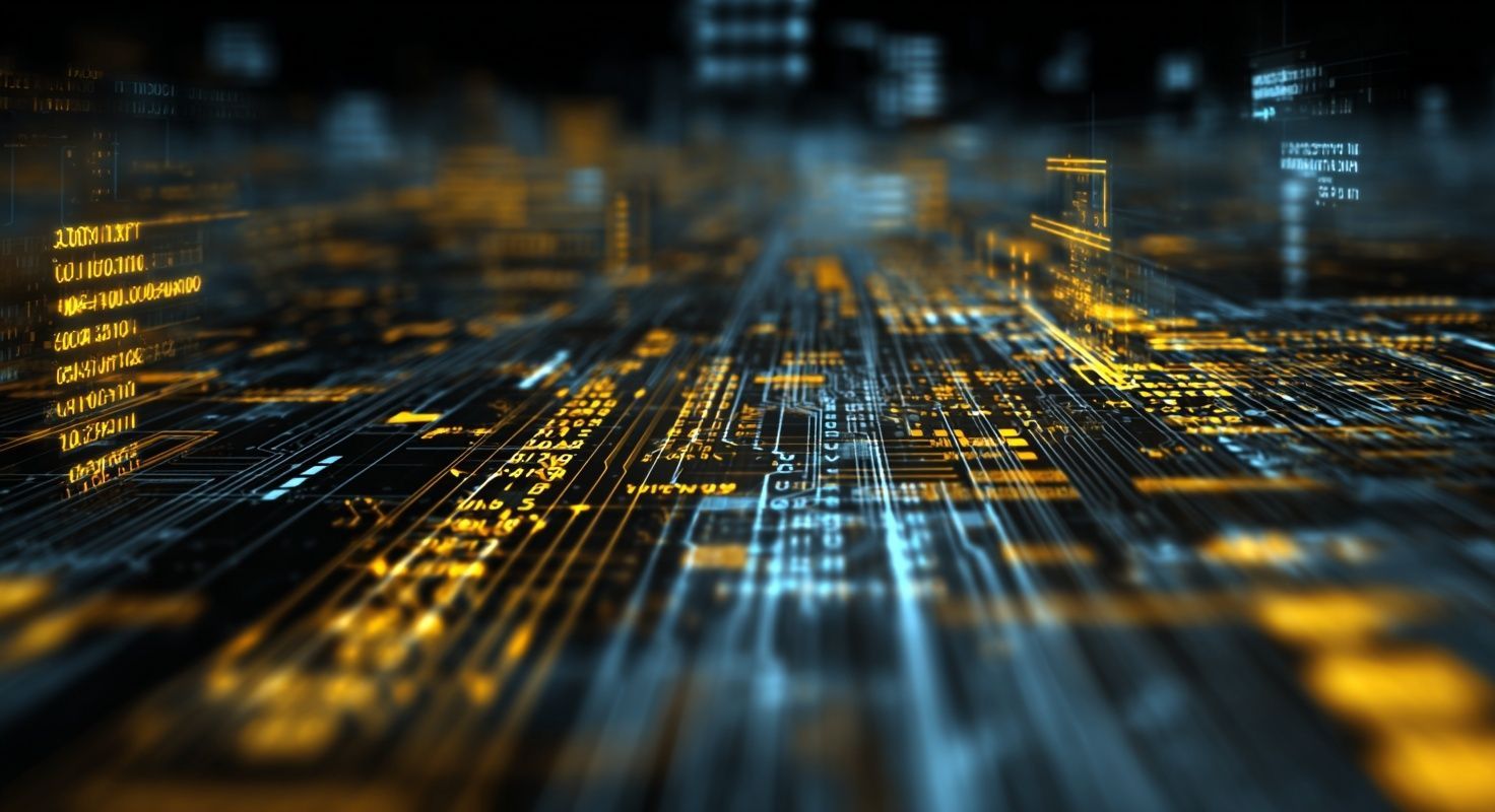 Abstract digital background featuring glowing gold and blue data streams flowing across a dark, technological circuit board.