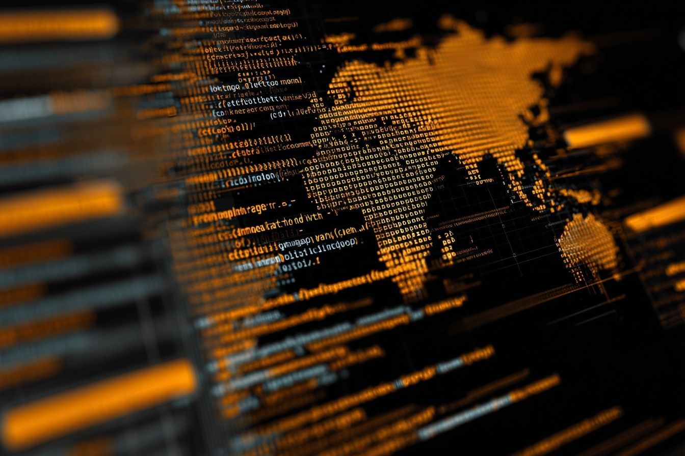 A golden-hued world map rendered in digital code against a dark background with blurred data lines.