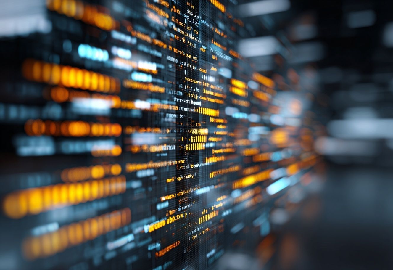 Abstract digital display of blurred orange and white light streaks, representing data flow or high-speed connectivity.