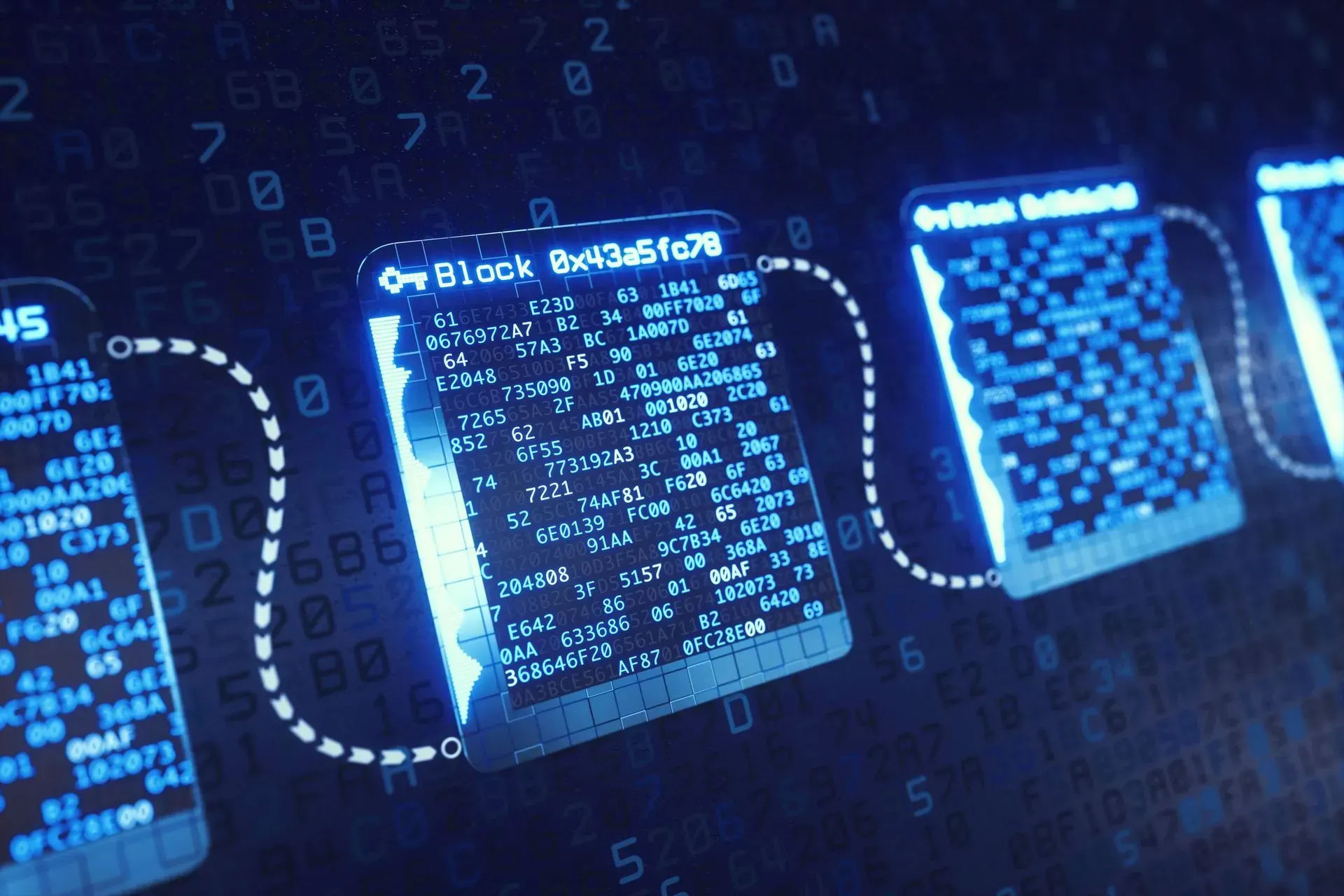 A digital illustration of glowing blue blocks connected by white dashed lines, symbolizing a blockchain network.