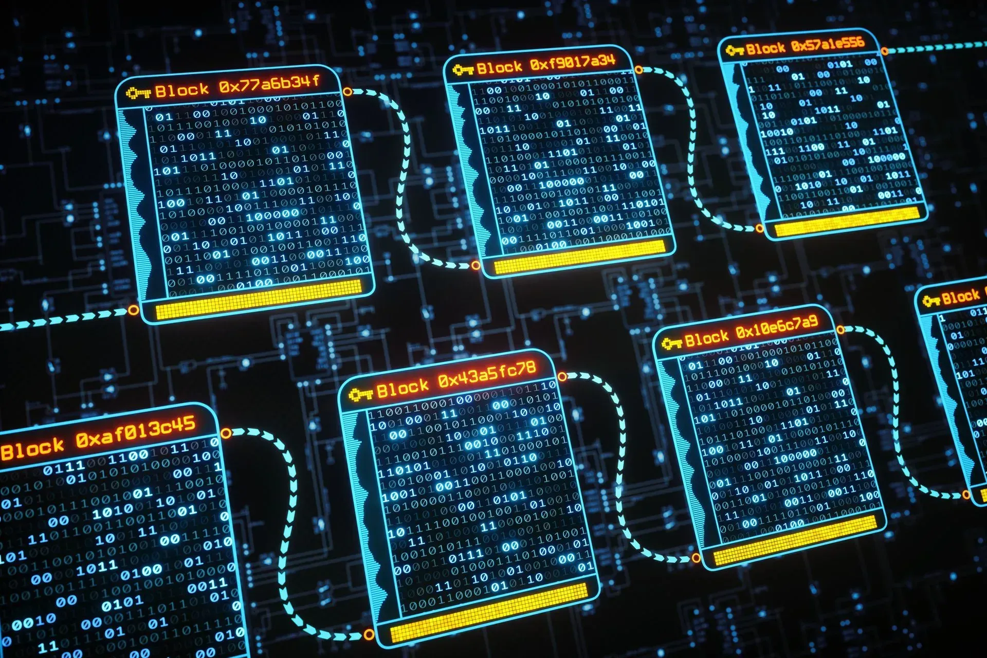 A glowing blue digital representation of a blockchain, with interconnected data blocks displayed on a dark background.