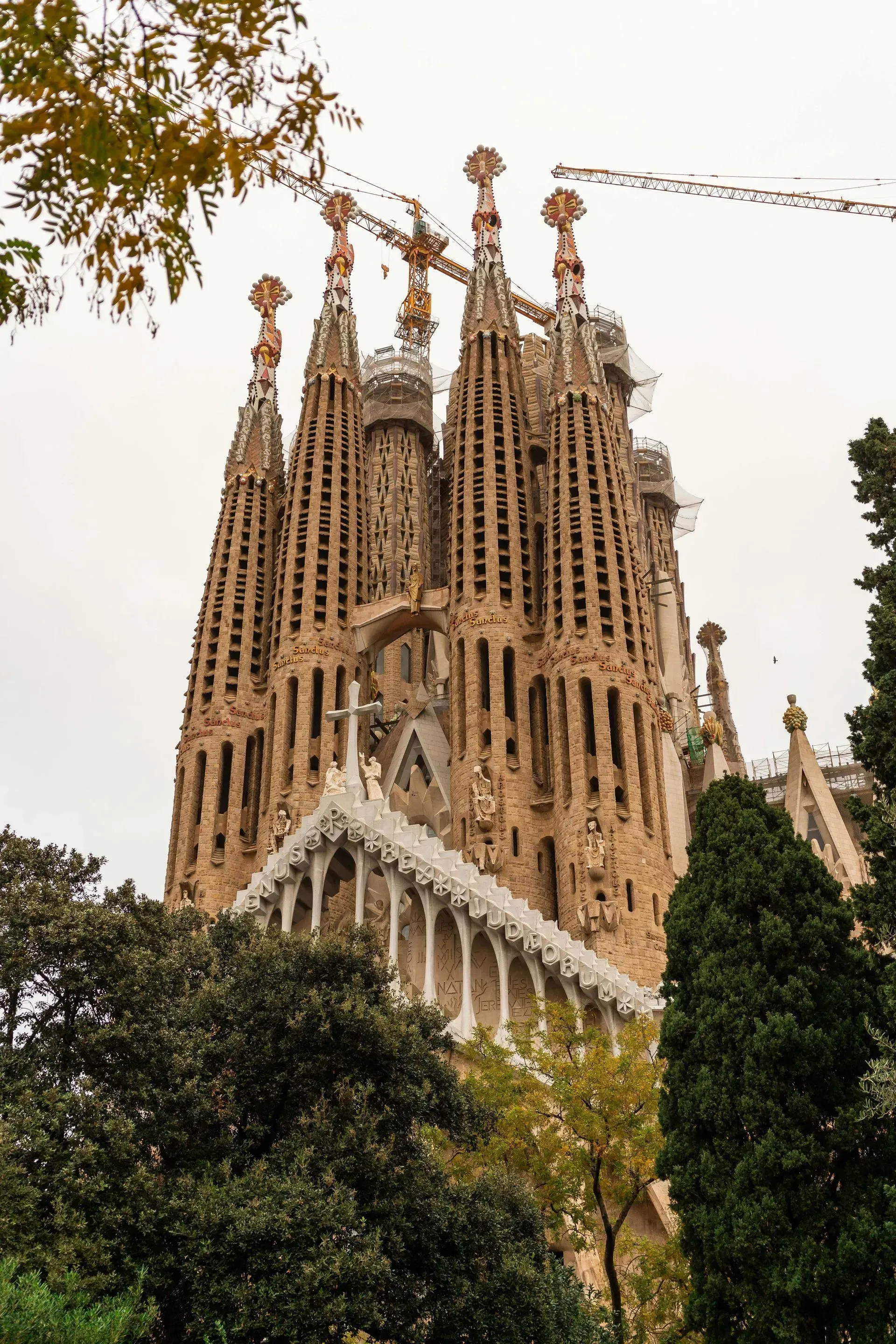 The Sagrada Família cathedral in Barcelona, featuring its intricate, towering stone spires, seen through surrounding trees.