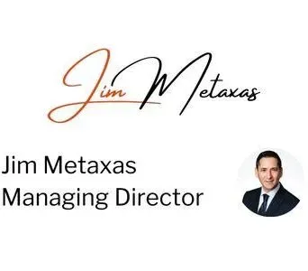 Professional signature for Managing Director Jim Metaxas with a stylized name logo and a portrait photo.