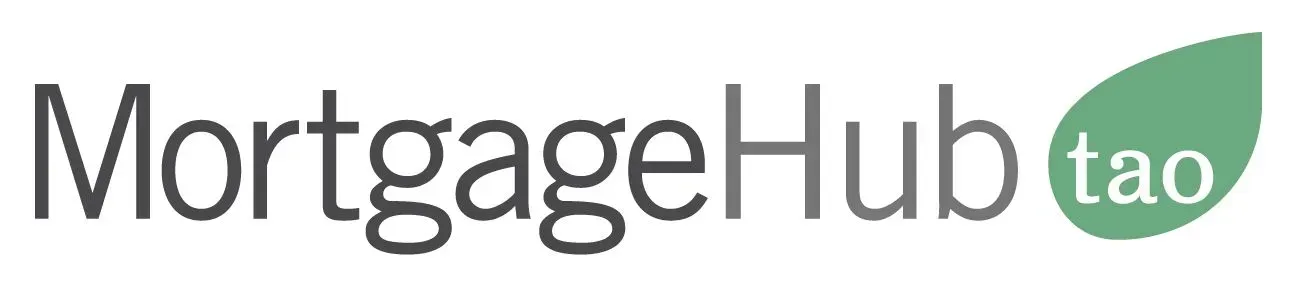 The MortgageHub tao logo, featuring dark grey text with a green leaf-shaped icon containing the word 