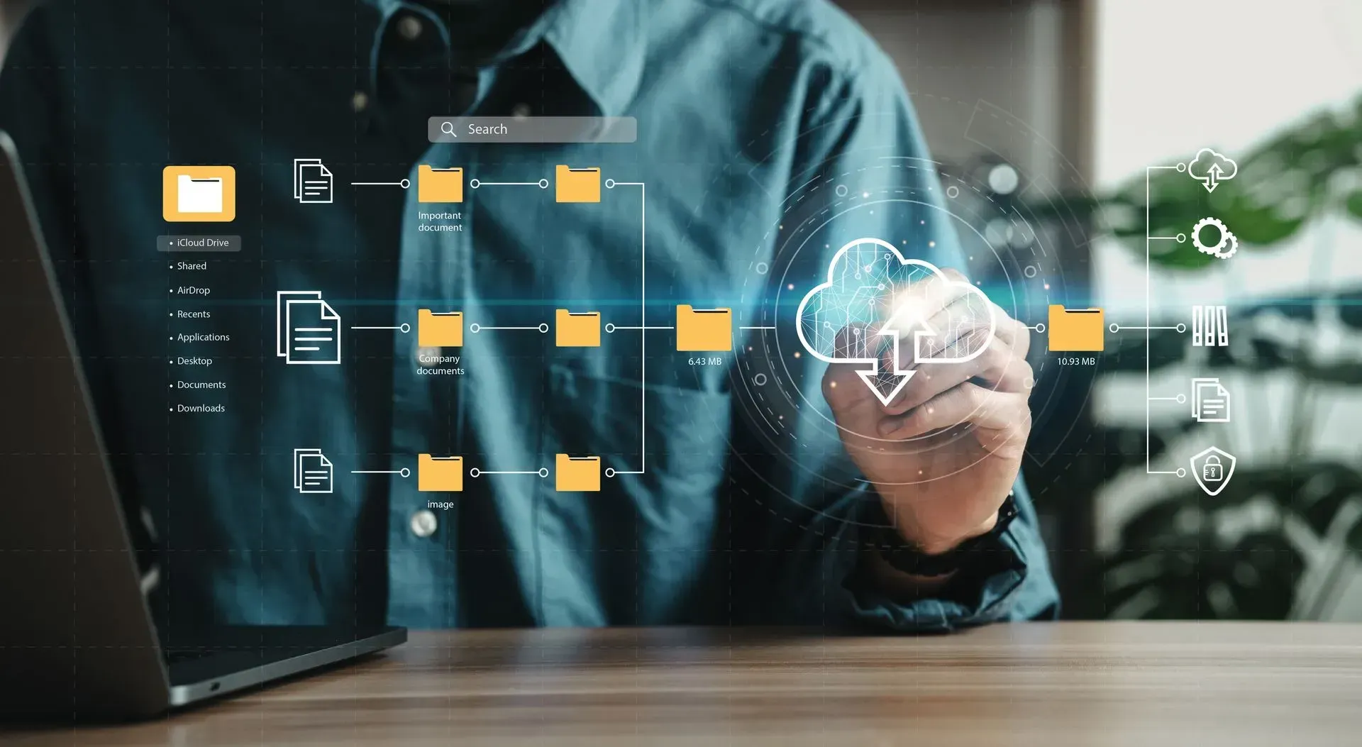 A person uses a digital interface to organize file folders, connecting them to a cloud computing icon.