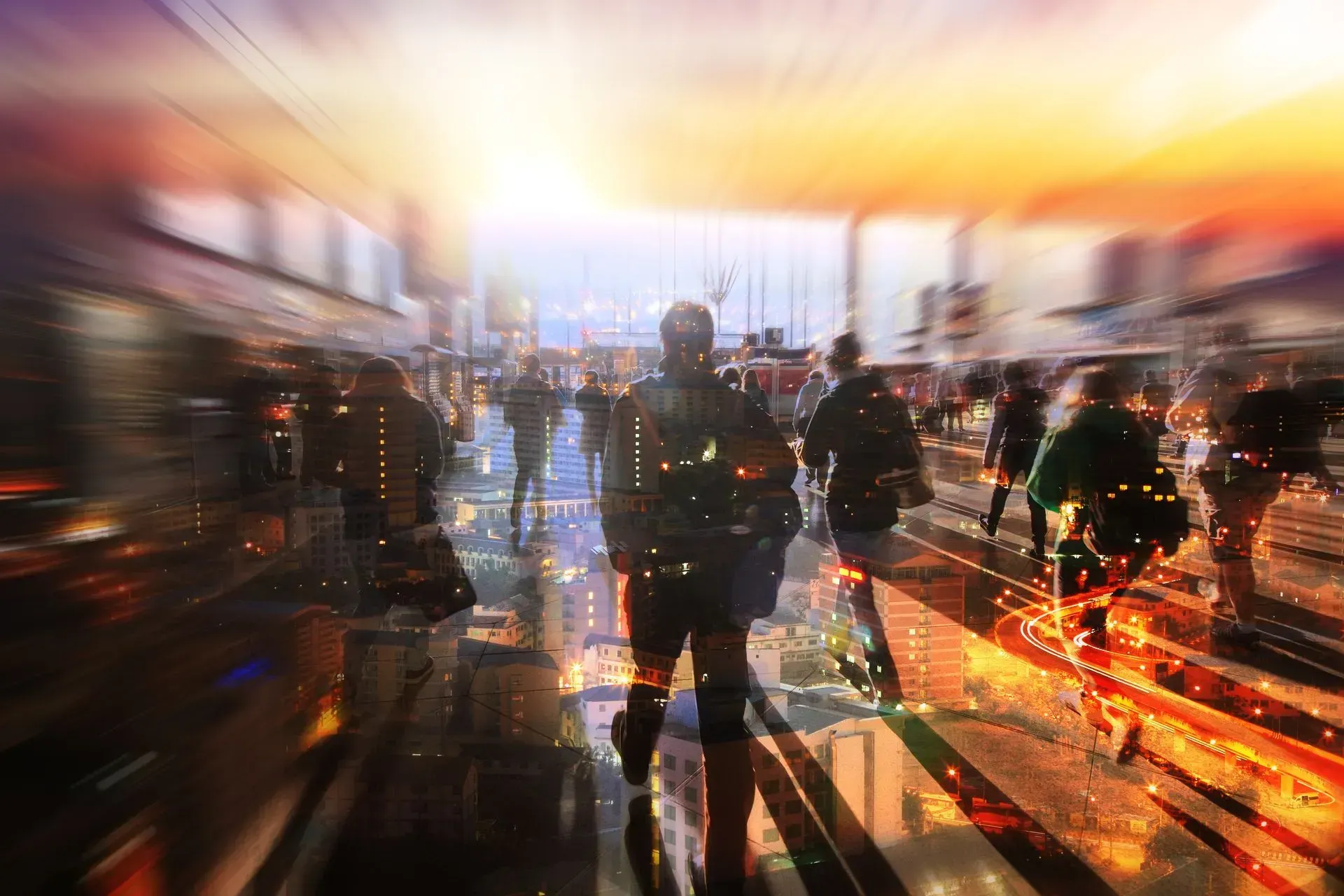 A person walking through a busy, motion-blurred city street at sunset, with golden light and orange sparks in the air.