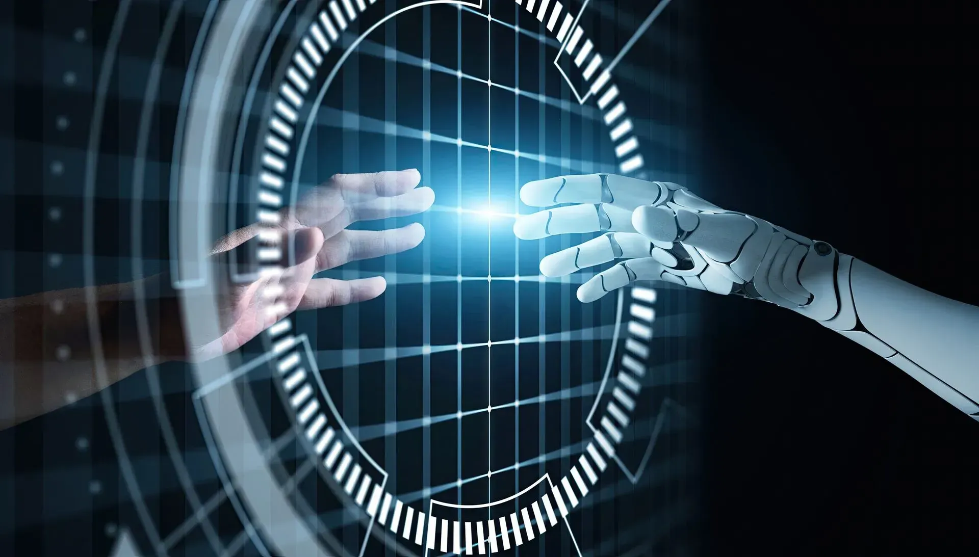 A human hand and a robotic hand reach toward each other through a glowing, digital grid interface.