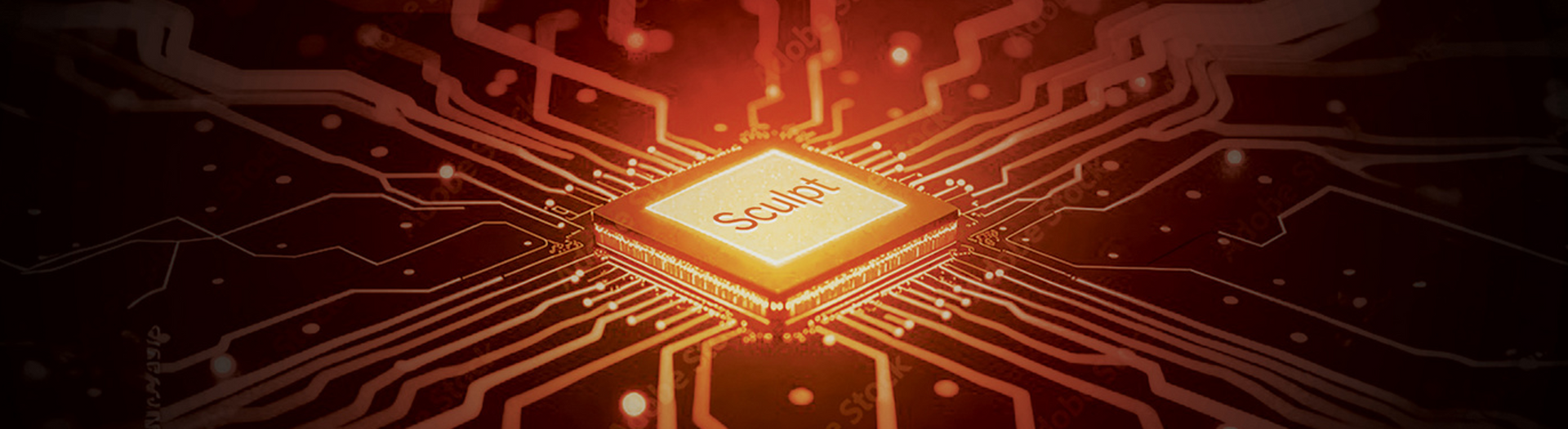 A glowing, square computer chip centered on a dark circuit board background with orange data lines branching outward.