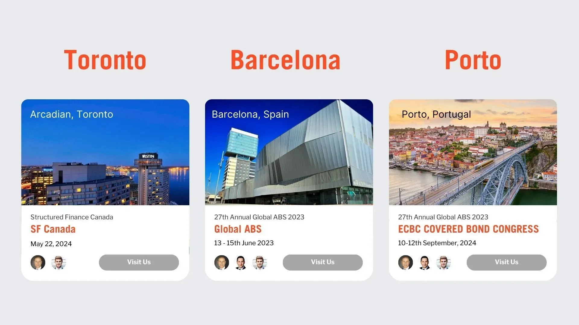 Three destination cards for Toronto, Barcelona, and Porto, featuring city images, names, and buttons to view more.