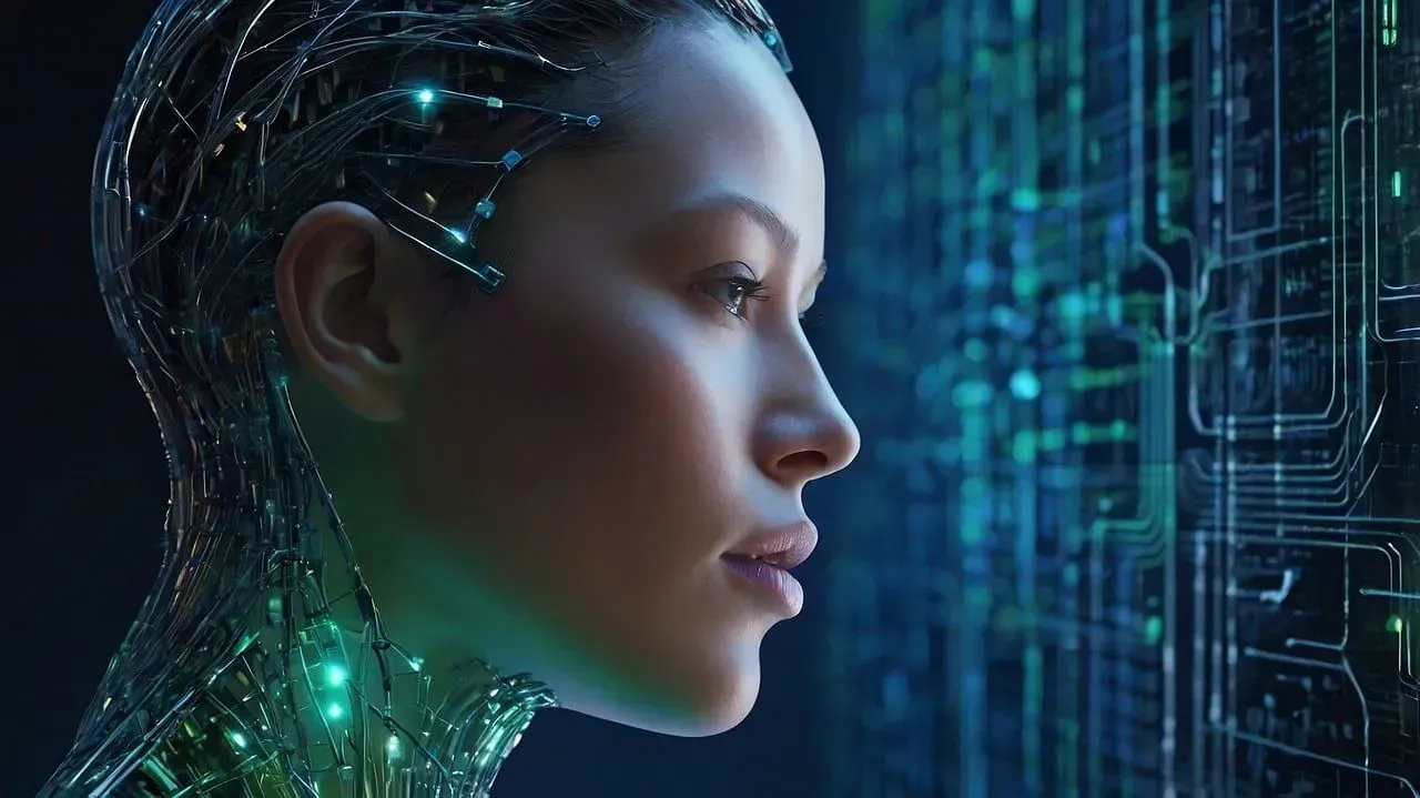 A human-like figure with cybernetic implants and glowing lights, gazing at a digital circuit board background.