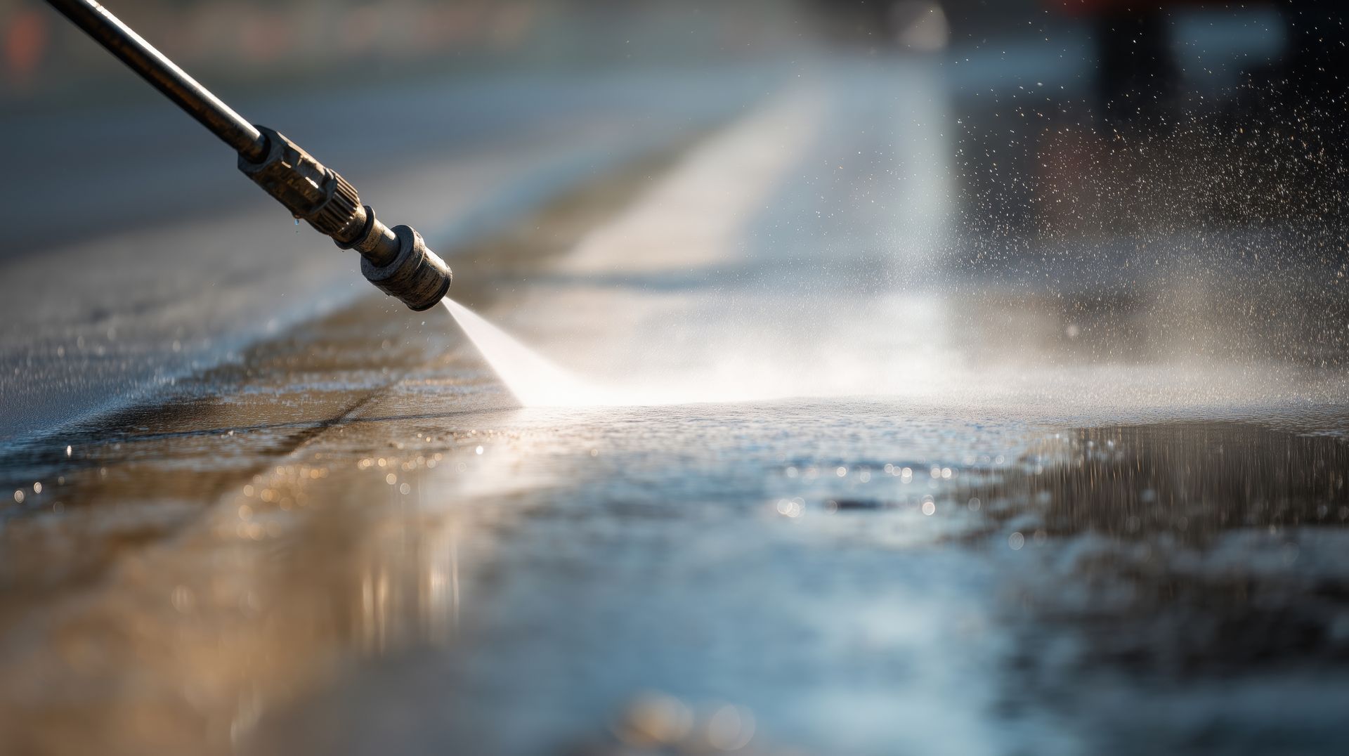 Pressure washer spraying water to clean a dirty concrete driveway.