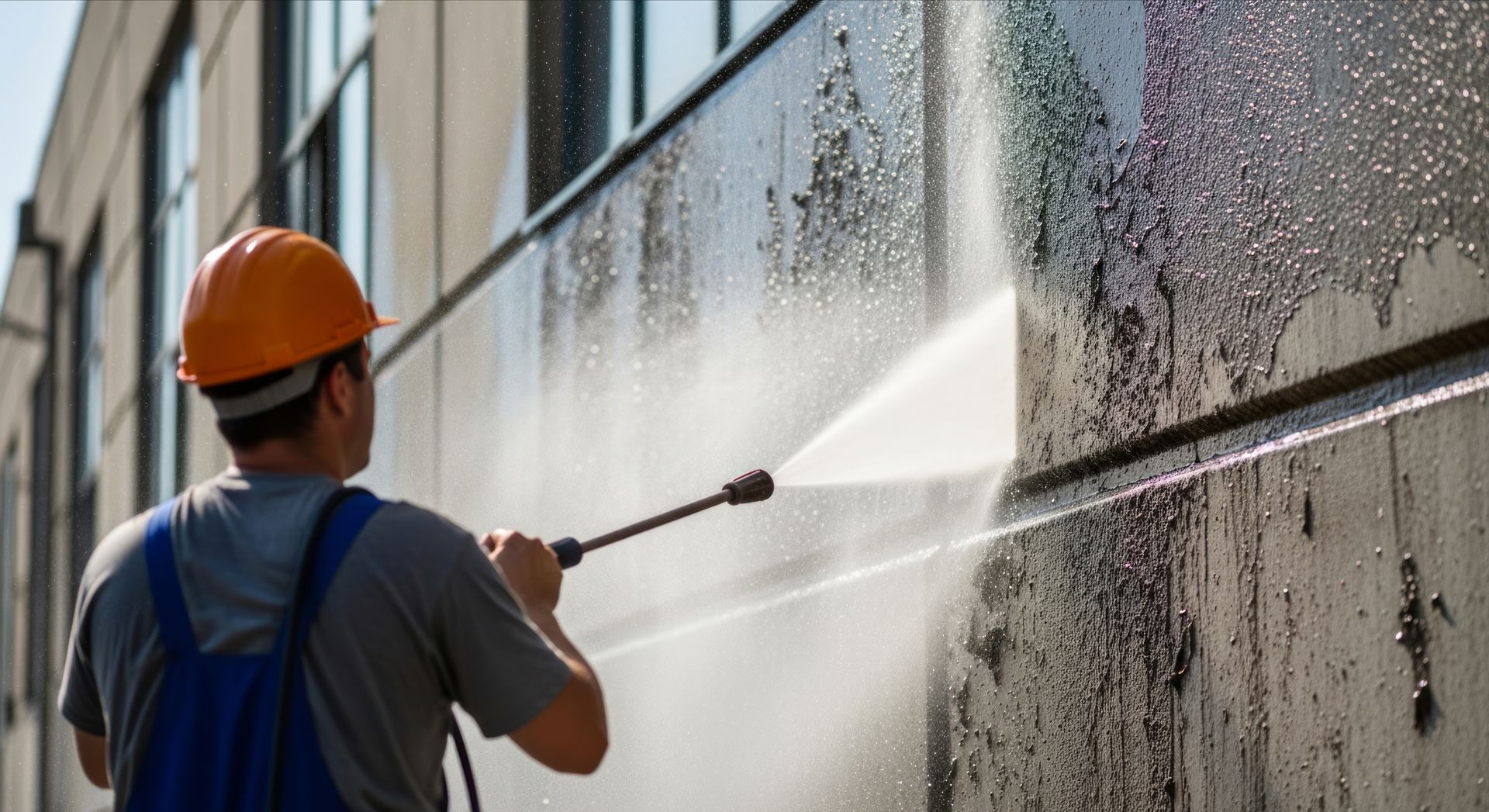 worker in overalls using a pressure washer to clean a dirty exterior wall. 