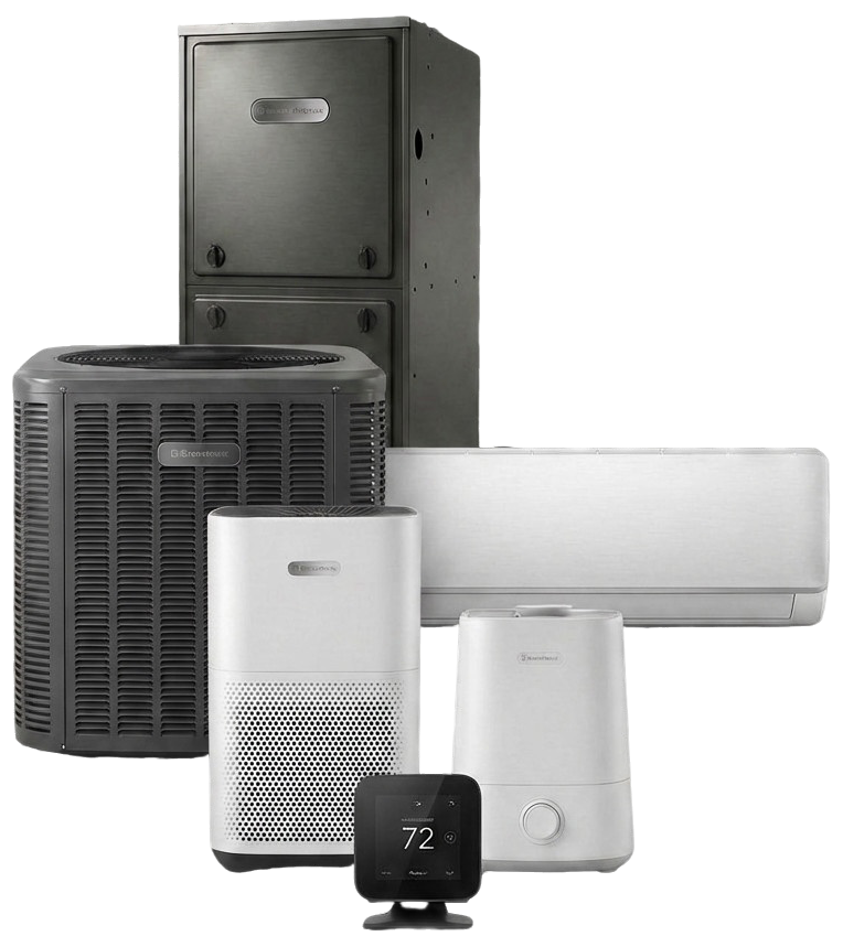 Various white and gray HVAC heating, cooling, and air purifier units arranged together on a white background