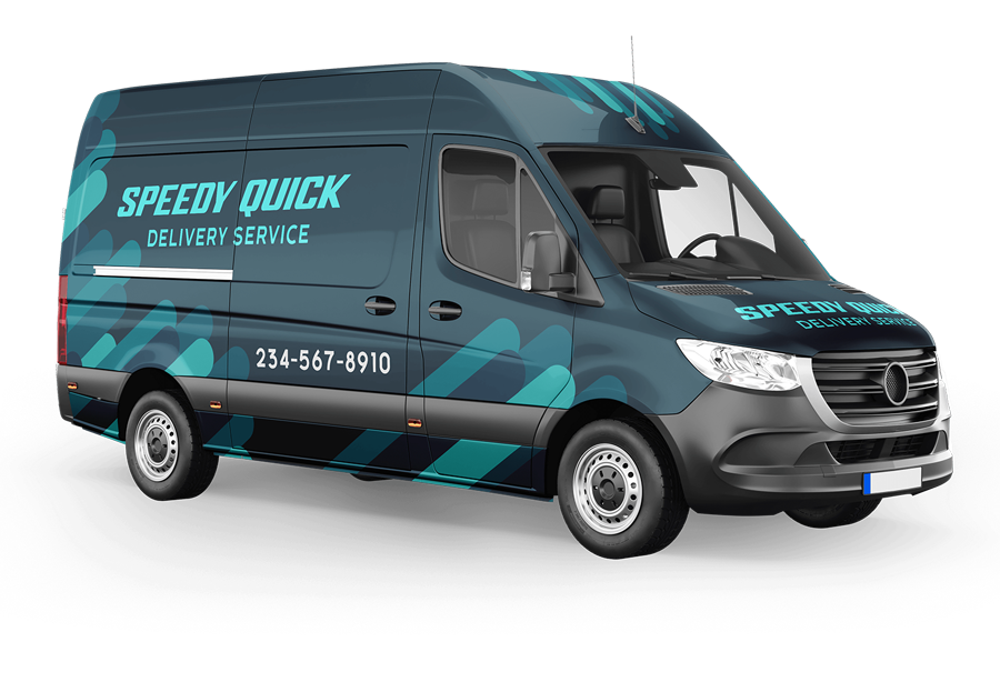 Delivery van, Speedy Quick Delivery Service, teal and blue geometric pattern, phone number visible.