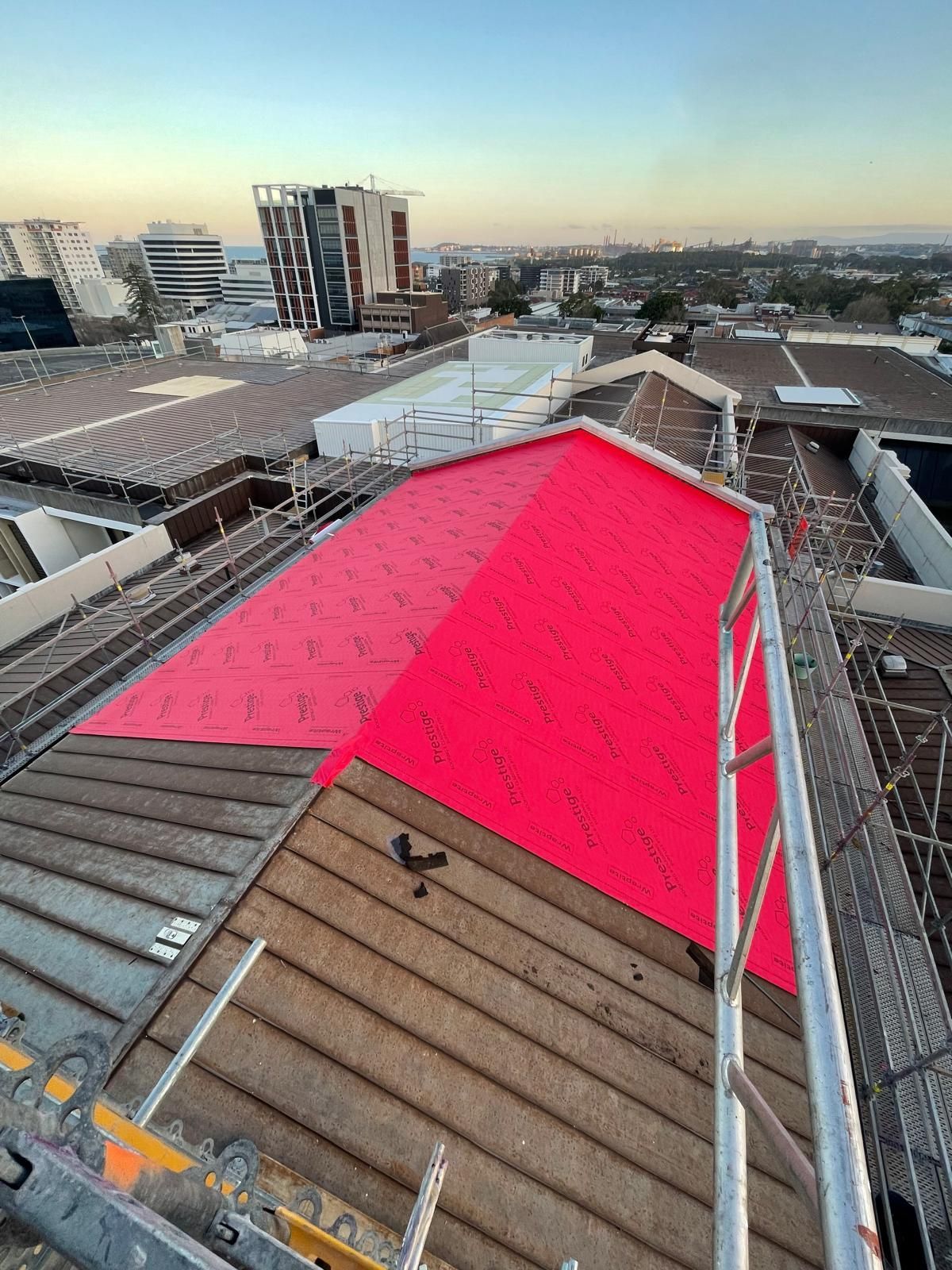 Rooftop view with a large bright pink roof panel amid surrounding buildings at sunset