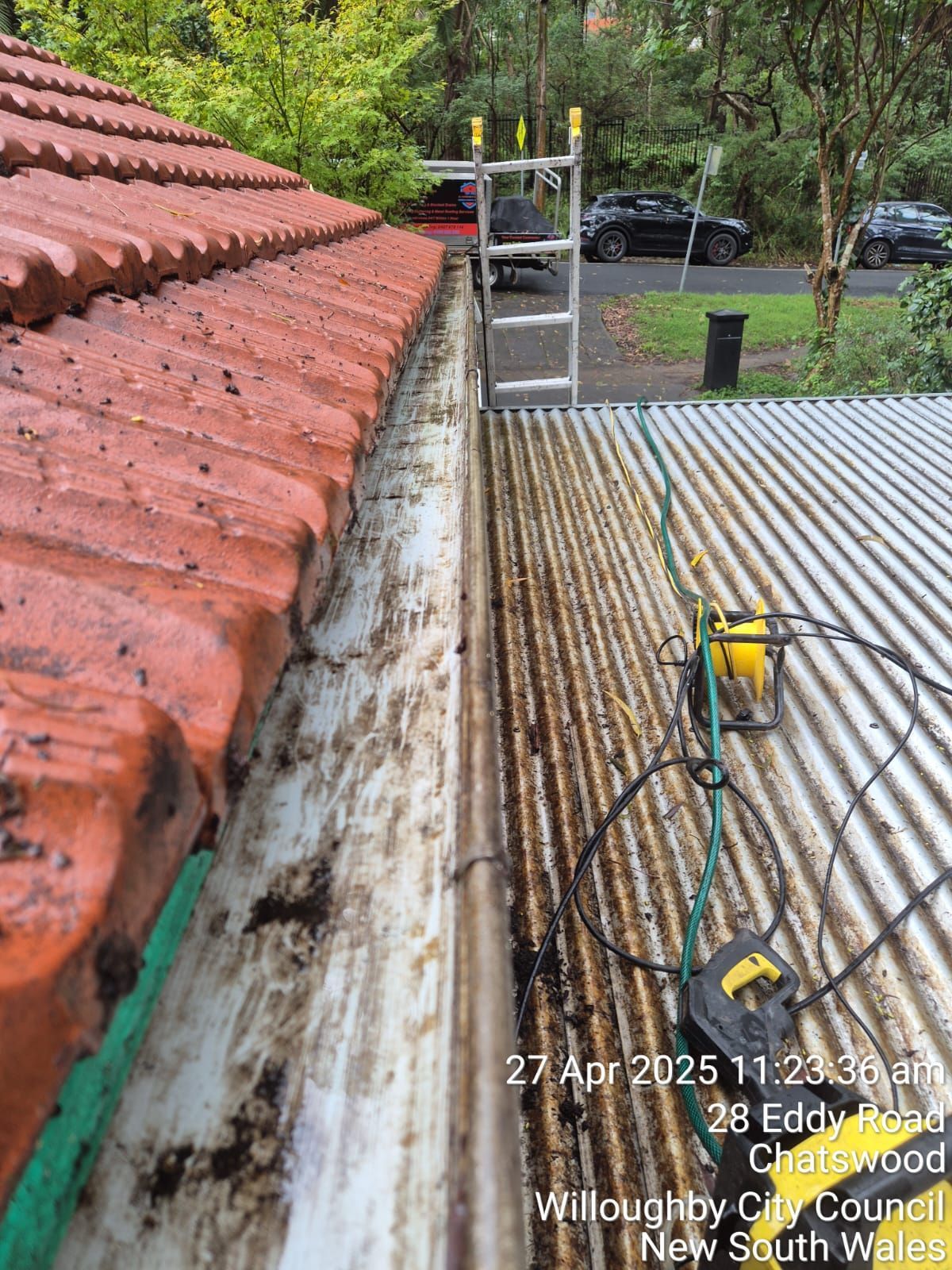 Rooftop edge with red tiles, corrugated metal roof, ladder, and hoses beside trees and a parked car.