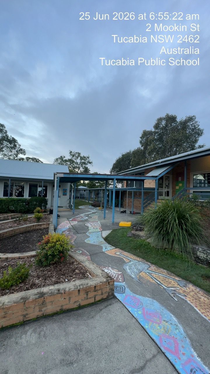 School courtyard with a colorful painted path leading to classrooms under a cloudy sky.