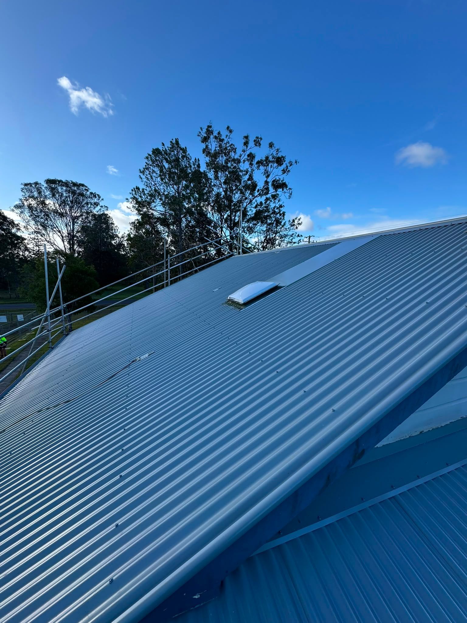 Blue corrugated metal roof under a clear sky, with trees in the background and a skylight window visible.