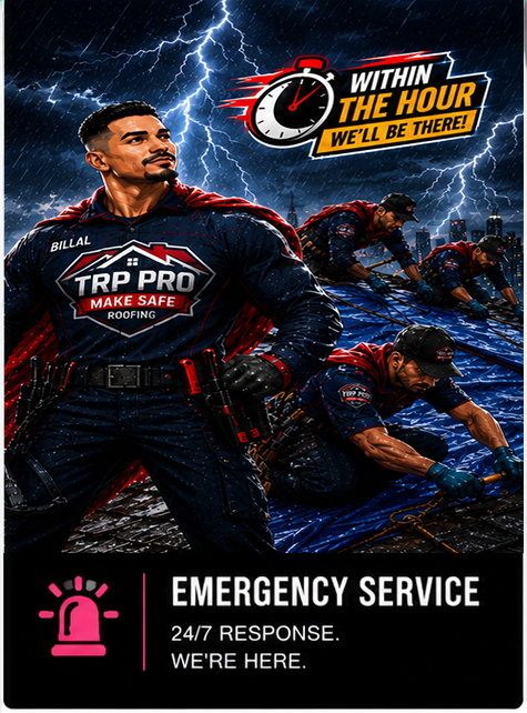 Emergency responder in pink and teal uniform against stormy sky, with “EMERGENCY SERVICE” text and siren icon