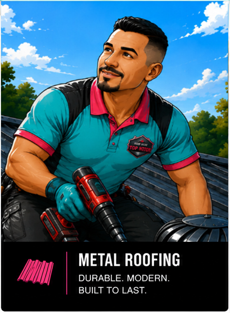 Roofing worker in teal shirt kneels on a roof under a blue sky, promoting metal roofing.