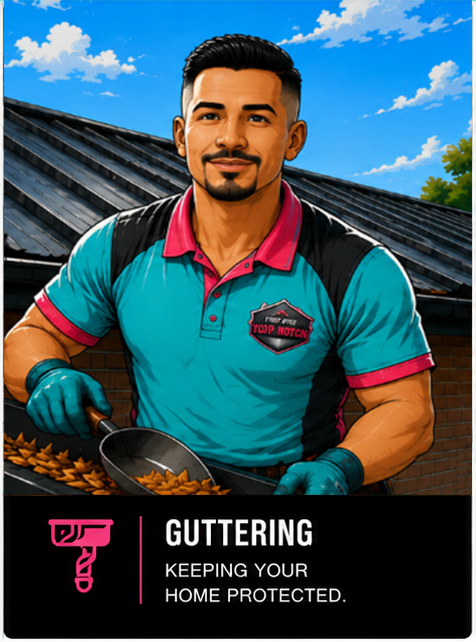Technician in teal shirt cleaning a roof gutter with the text “GUTTERING – KEEPING YOUR HOME PROTECTED.”