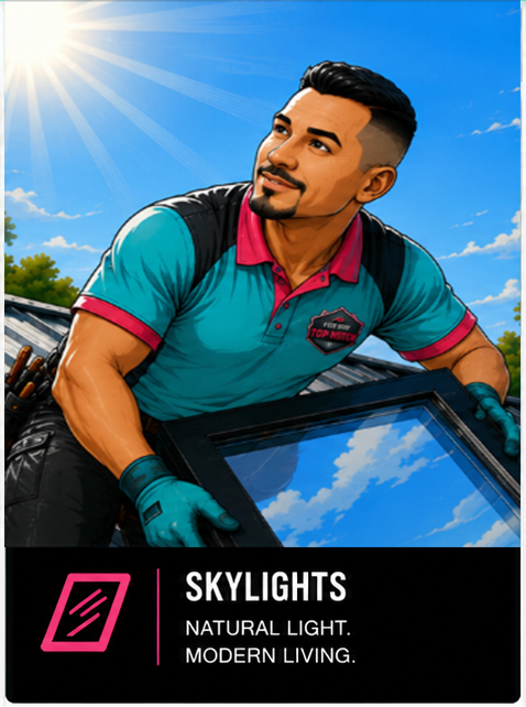 Bright cartoon of a man in a turquoise shirt leaning on a car under a sunny sky with “SKYLIGHTS” text.