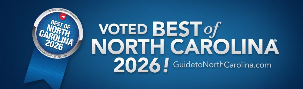 Blue ribbon badge reading “Voted Best of North Carolina 2026” with GuideToNorthCarolina.com