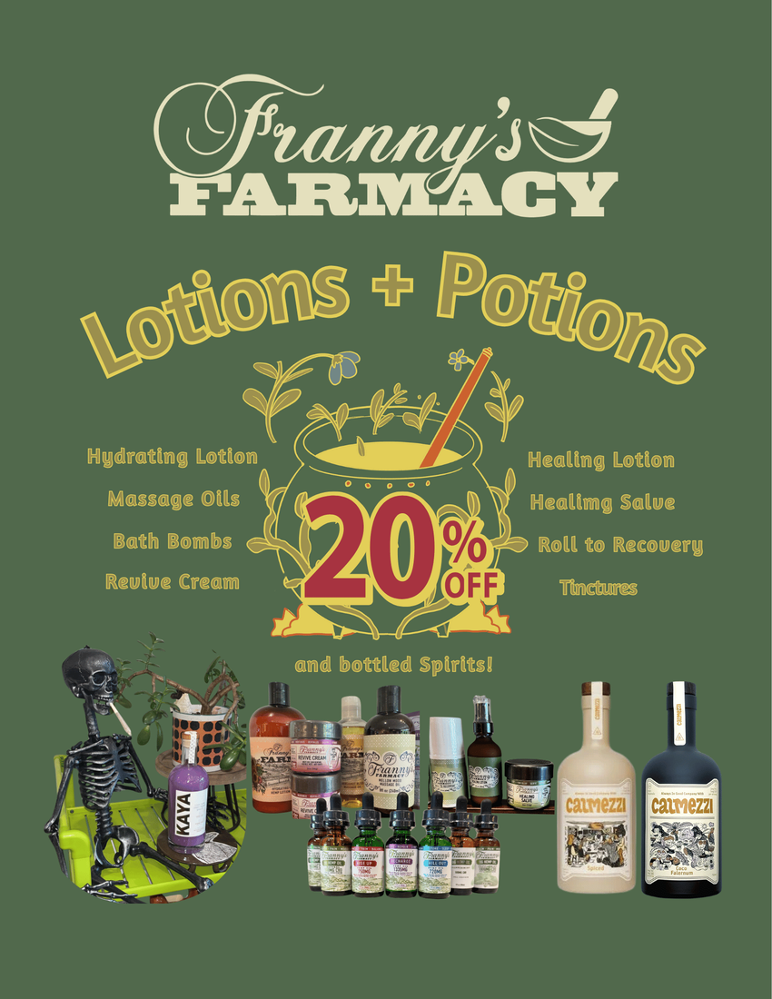 Franny's Farmacy ad for lotions and potions, with 20% off and assorted bottles on a green background