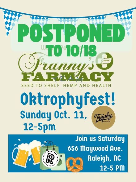Oktoberfest event flyer for Franny’s Farmacy, Sunday Oct. 11, 12–5pm, Raleigh, NC, with blue bunting and beer mugs