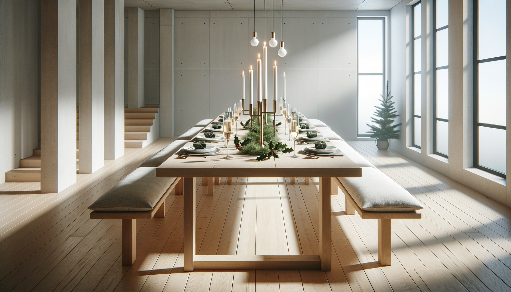 Modern dining room with a long wooden table, benches, hanging pendant lights, and large windows