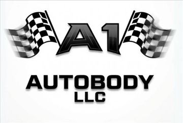 A1 Autobody LLC logo with checkered racing flags on both sides