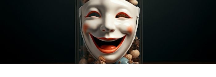 Um close de uma máscara de palhaço com um sorriso.