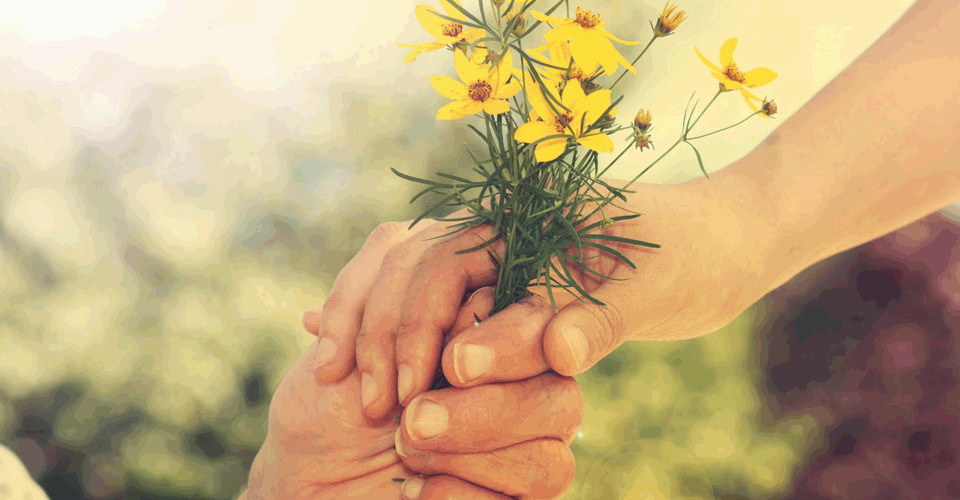 Uma pessoa está segurando um buquê de flores amarelas nas mãos.