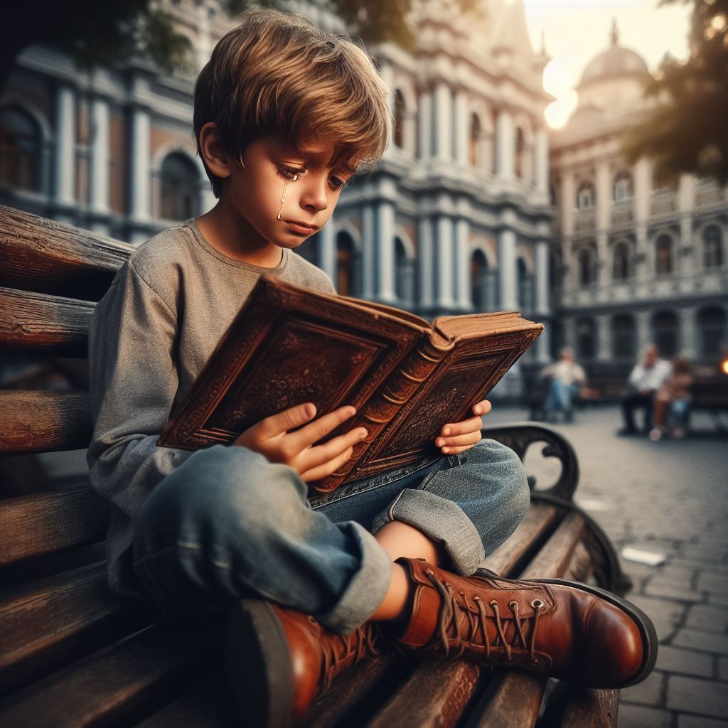Um menino está sentado em um banco lendo um livro.