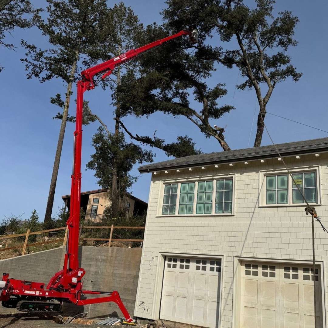 Red tree-trimming lift truck operating near a white garage; trees in background, sunny day.