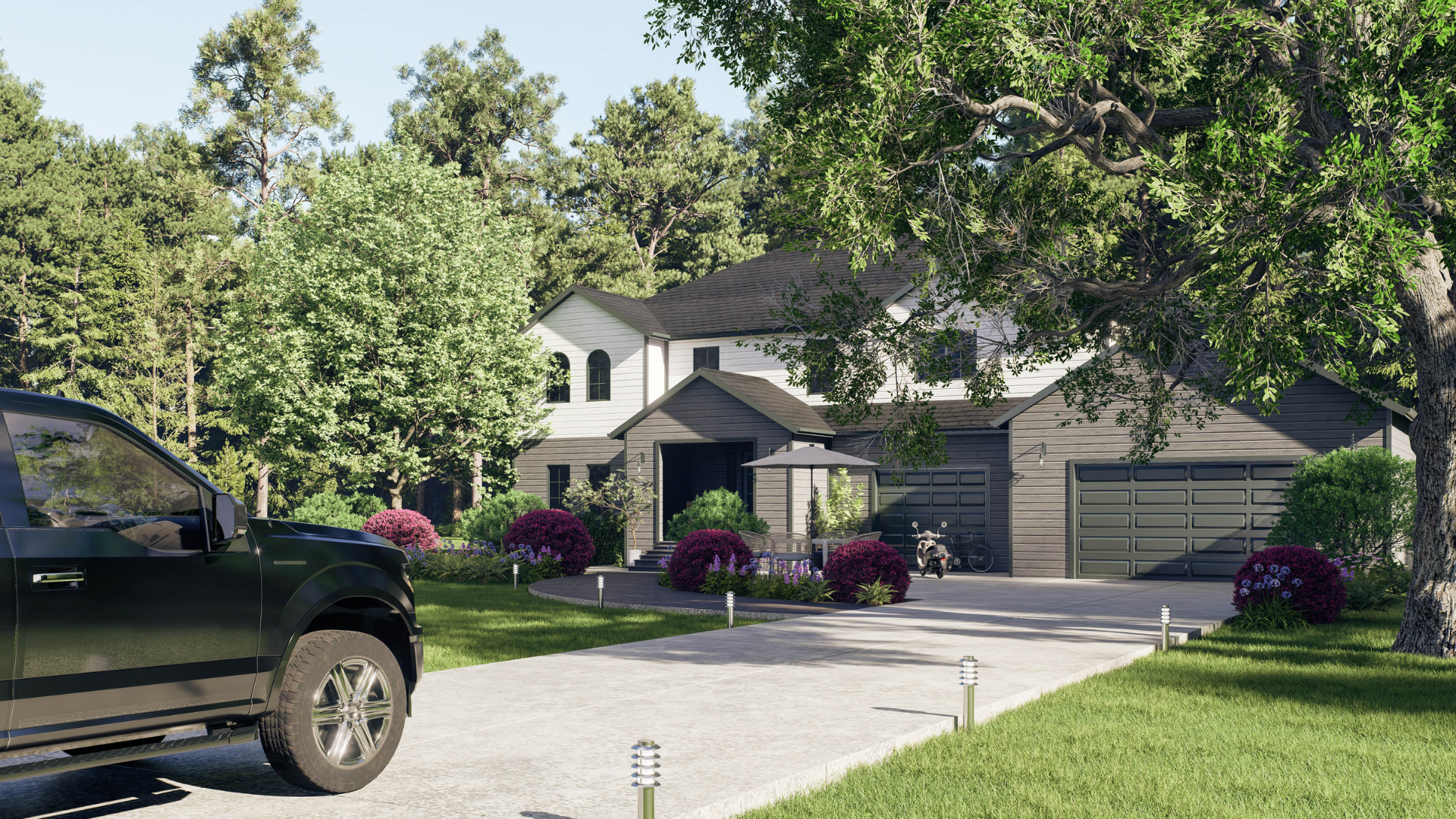 Suburban house with a driveway, black pickup truck, and green lawn in front.