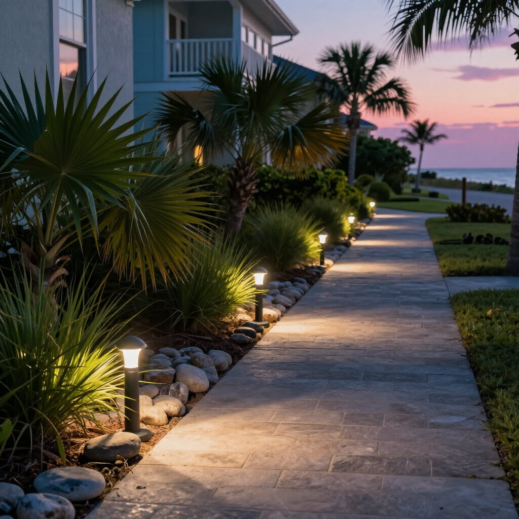 A stone walkway at dusk, illuminated by glowing path lights, alongside palm trees, landscaping, and a house near the sea. A stone walkway at dusk, illuminated by glowing path lights, alongside palm trees, landscaping, and a house near the sea.