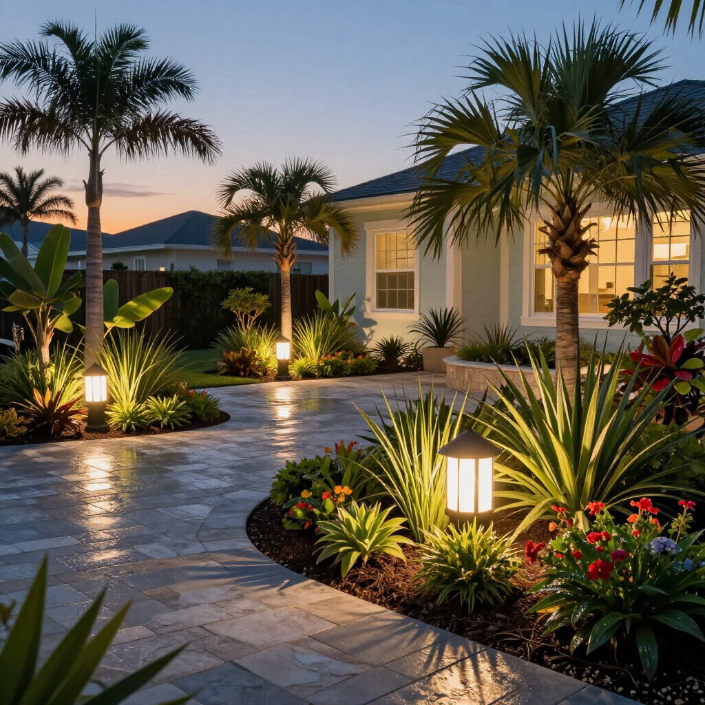 A stone patio at dusk, illuminated by glowing path lights among palm trees and lush tropical landscaping near a house. A stone patio at dusk, illuminated by glowing path lights among palm trees and lush tropical landscaping near a house.