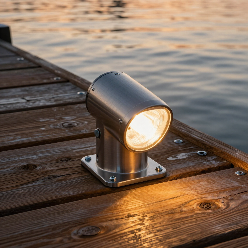 A lit, metallic spotlight mounted on a wooden dock surface next to a body of water at sunset. A lit, metallic spotlight mounted on a wooden dock surface next to a body of water at sunset.
