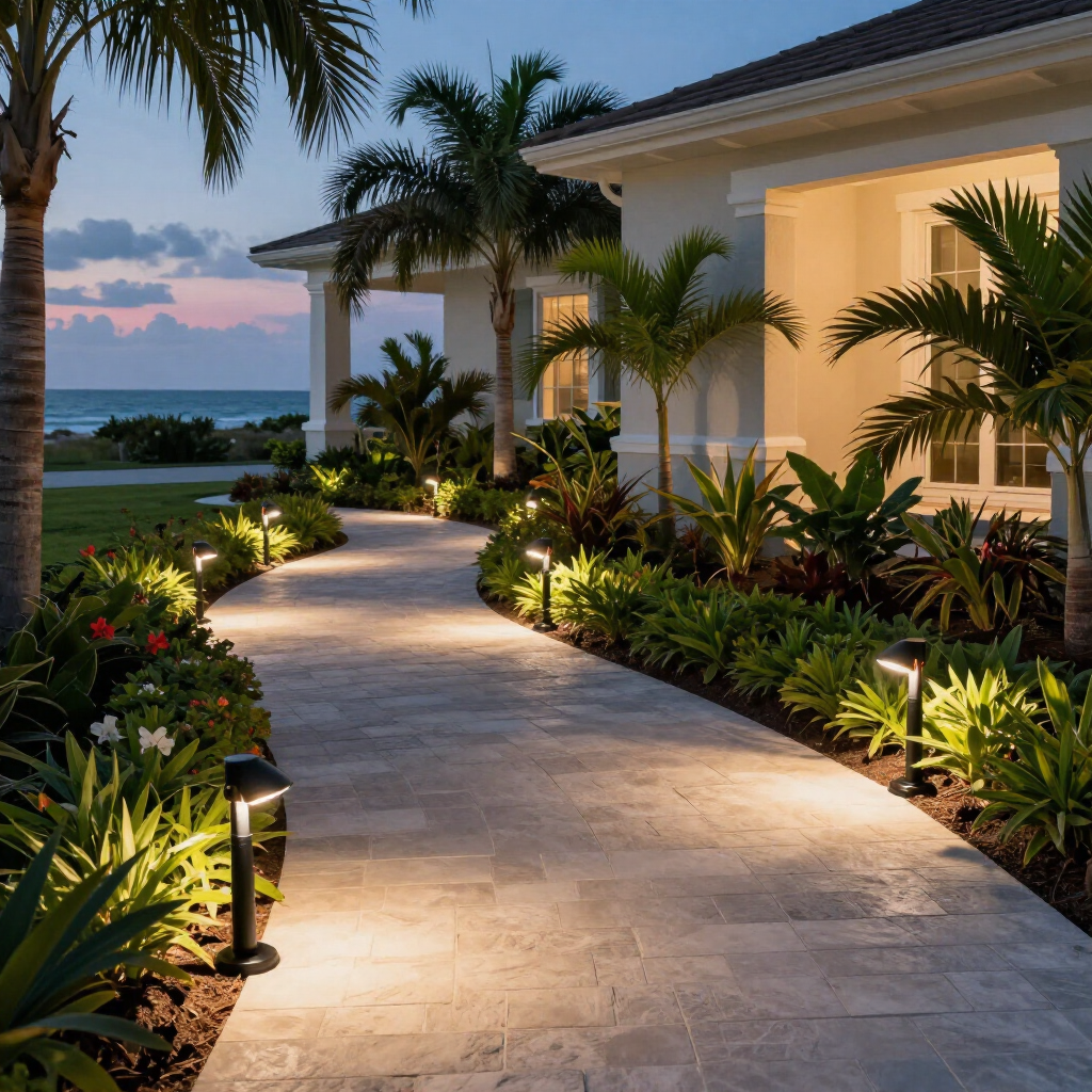 A stone pathway leading to a house by the ocean at dusk, illuminated by glowing landscape lights among tropical plants. A stone pathway leading to a house by the ocean at dusk, illuminated by glowing landscape lights among tropical plants.