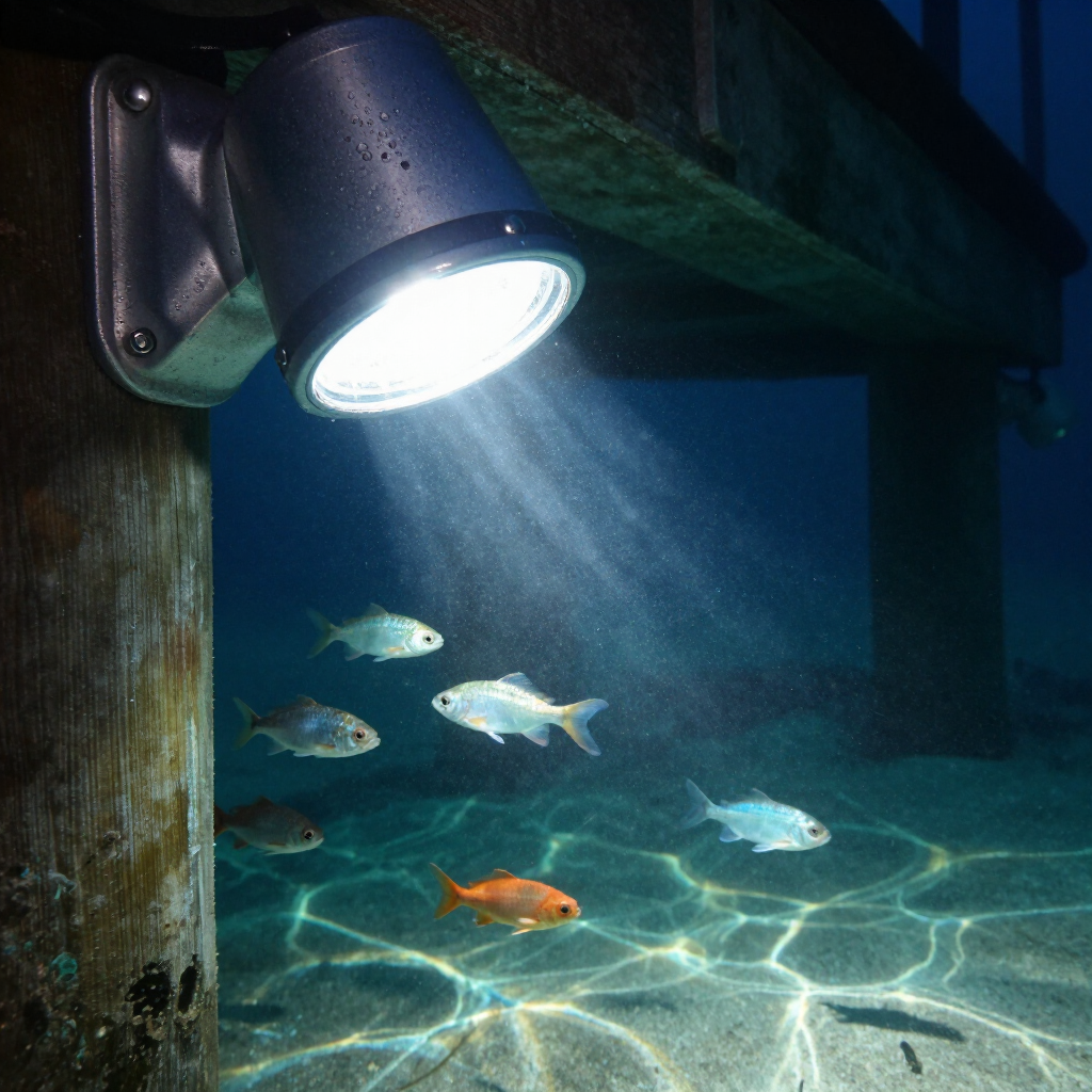 An underwater light mounted on a wooden piling illuminates several fish swimming in the sandy, clear water below a dock. An underwater light mounted on a wooden piling illuminates several fish swimming in the sandy, clear water below a dock.