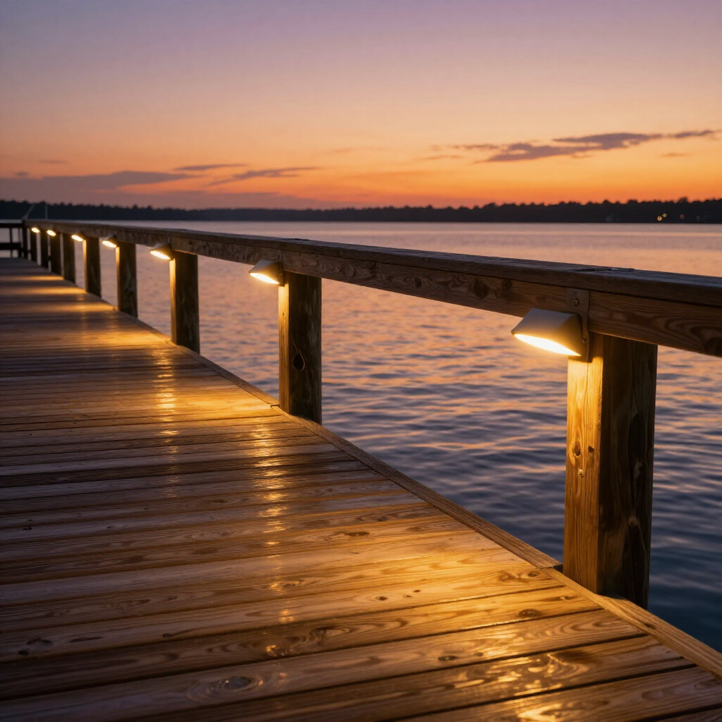 A wooden pier extending over calm water at sunset, illuminated by warm, glowing lights attached to the railing posts. A wooden pier extending over calm water at sunset, illuminated by warm, glowing lights attached to the railing posts.